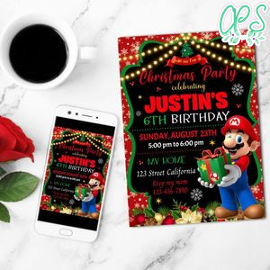 Mario Bros Christmas Birthday Party Mobile Invite Customizable Template Instant Download