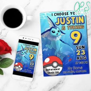 Vaporeon Mobile Invite Customizable Template Instant Download