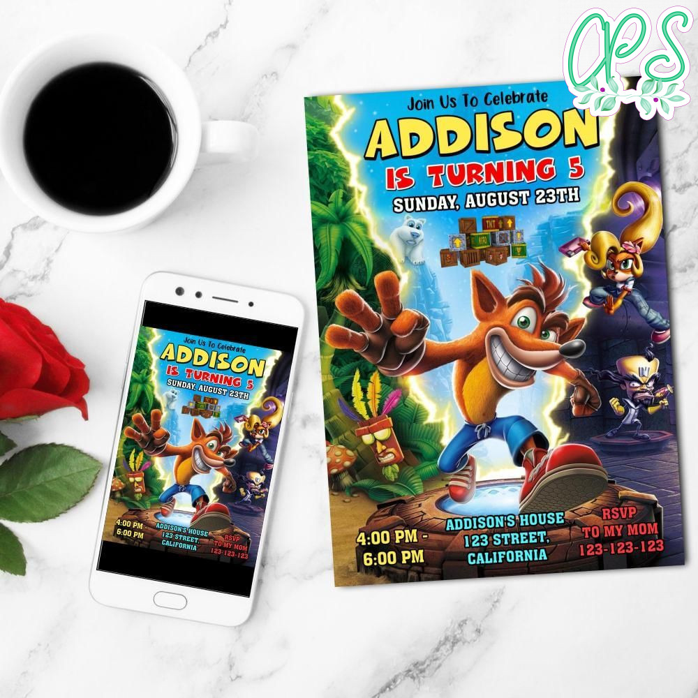 Crash Bandicoot Mobile Invite Customizable Template Instant Download