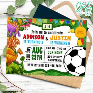 Soccer and dinosaurs Birthday Invitation Customizable Template to Print at Home Instant Download