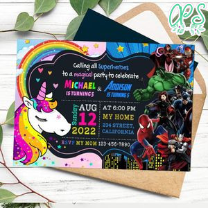 Superheroes and unicorn Birthday Invitation Customizable Template to Print at Home Instant Download