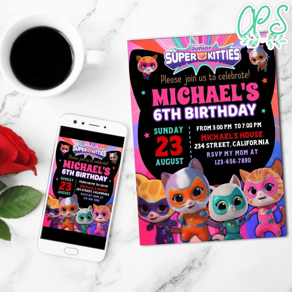 Super Kitties Birthday Mobile Invite Customizable Template Instant Download