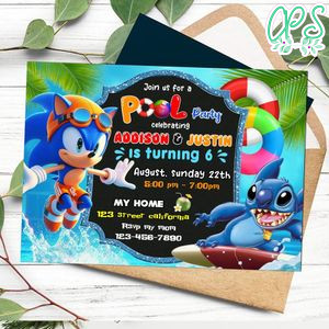 Sonic and Stitch pool party Invitation Customizable Template to Print at Home Instant Download