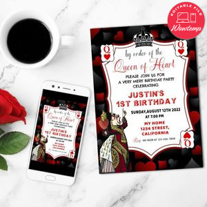 Queen of hearts Invitation Customizable Template to Print at Home Instant Download