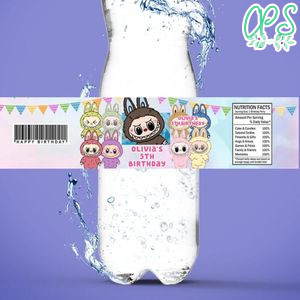 Labubu Birthday Water Bottle Label Template to Print at Home Instant Download