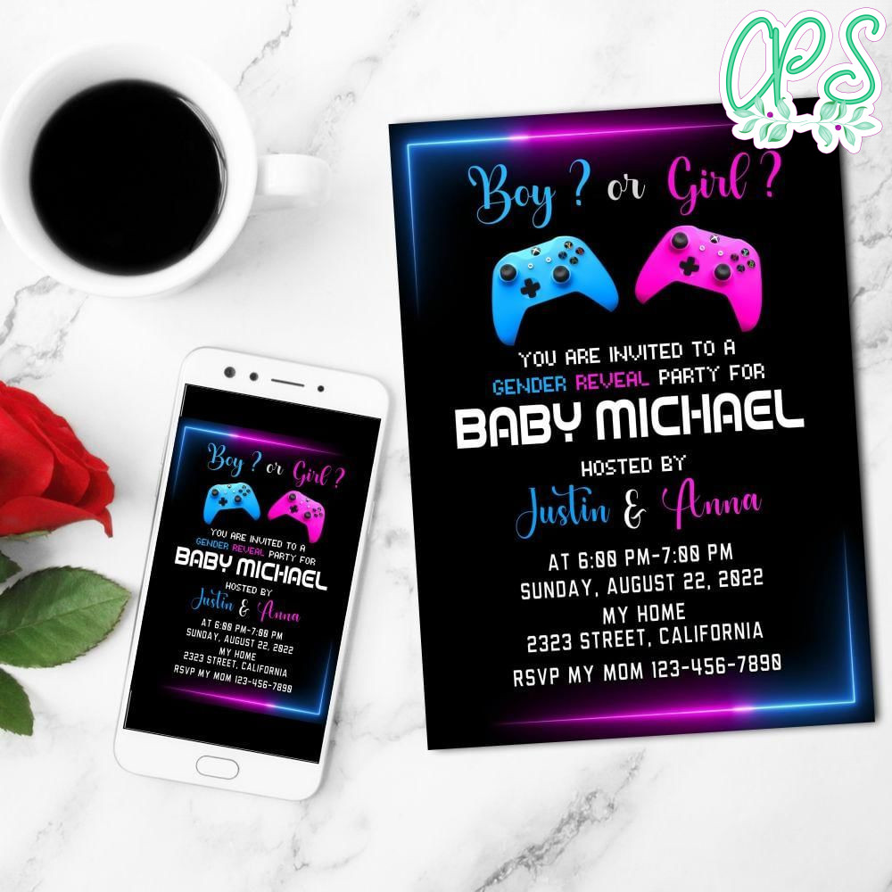 Gender Reveal Game Controller Mobile Invite Customizable Template Instant Download