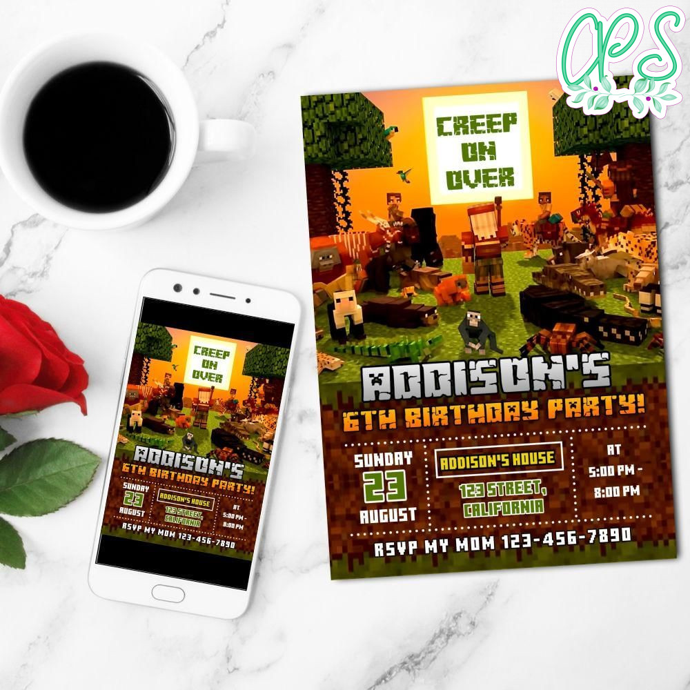 Jungle Minecrafter Birthday Mobile Invite Customizable Template Instant Download