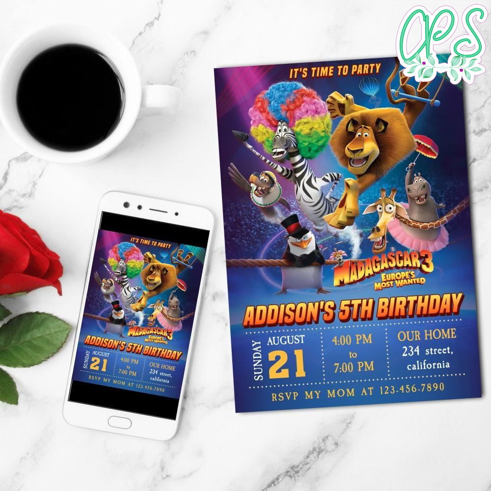Madagascar 3 Mobile Invite Customizable Template Instant Download