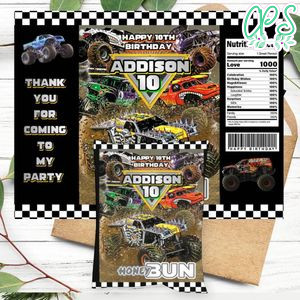 Monster Truck Birthday Honey Buns Snack Bag Label Customizable Instant Download