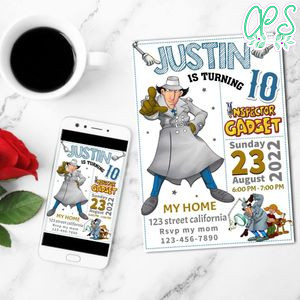 White Inspector Gadget Birthday Flyer Customizable Template to Print at Home Instant Download