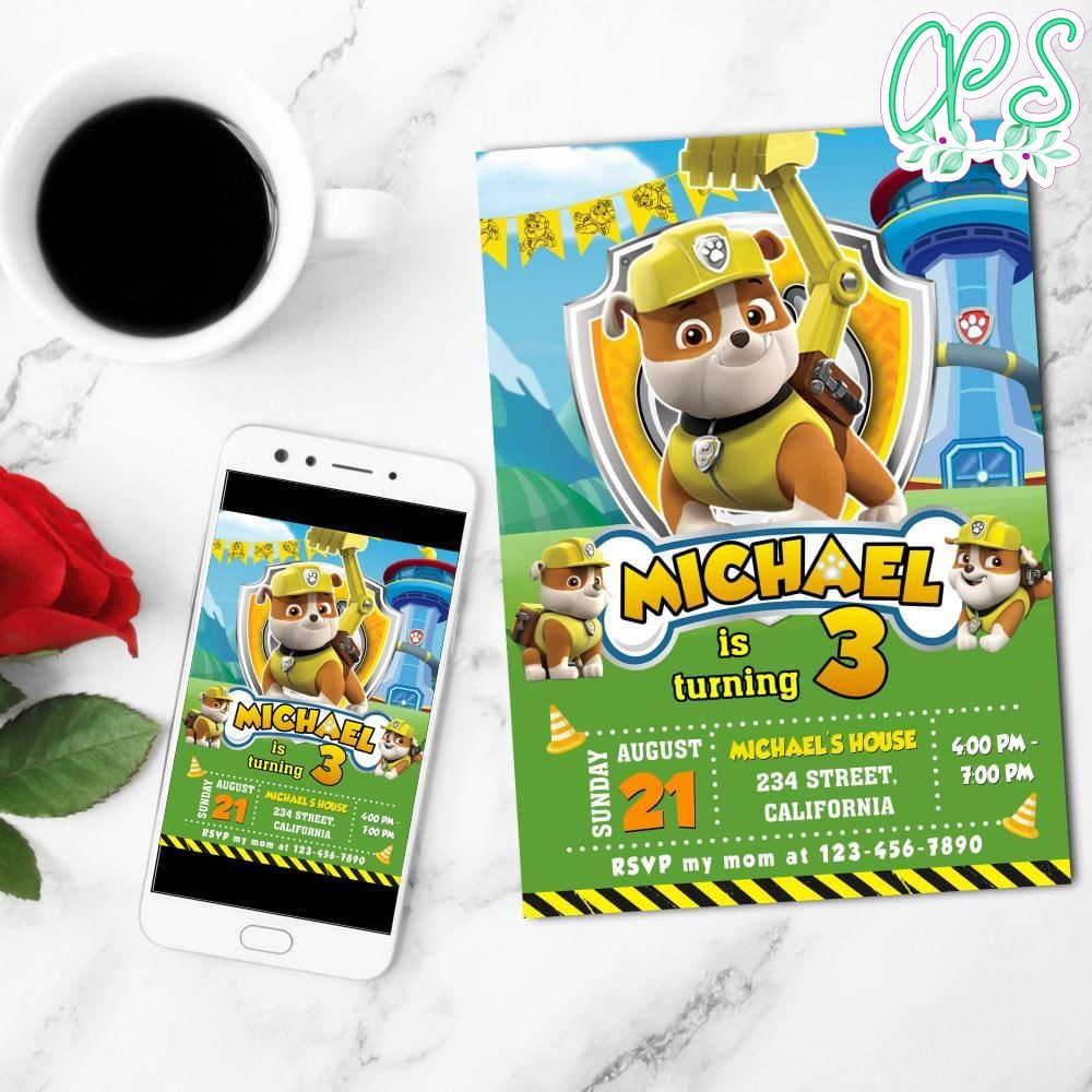 Rubble Paw Patrol Mobile Invite Customizable Template Instant Download