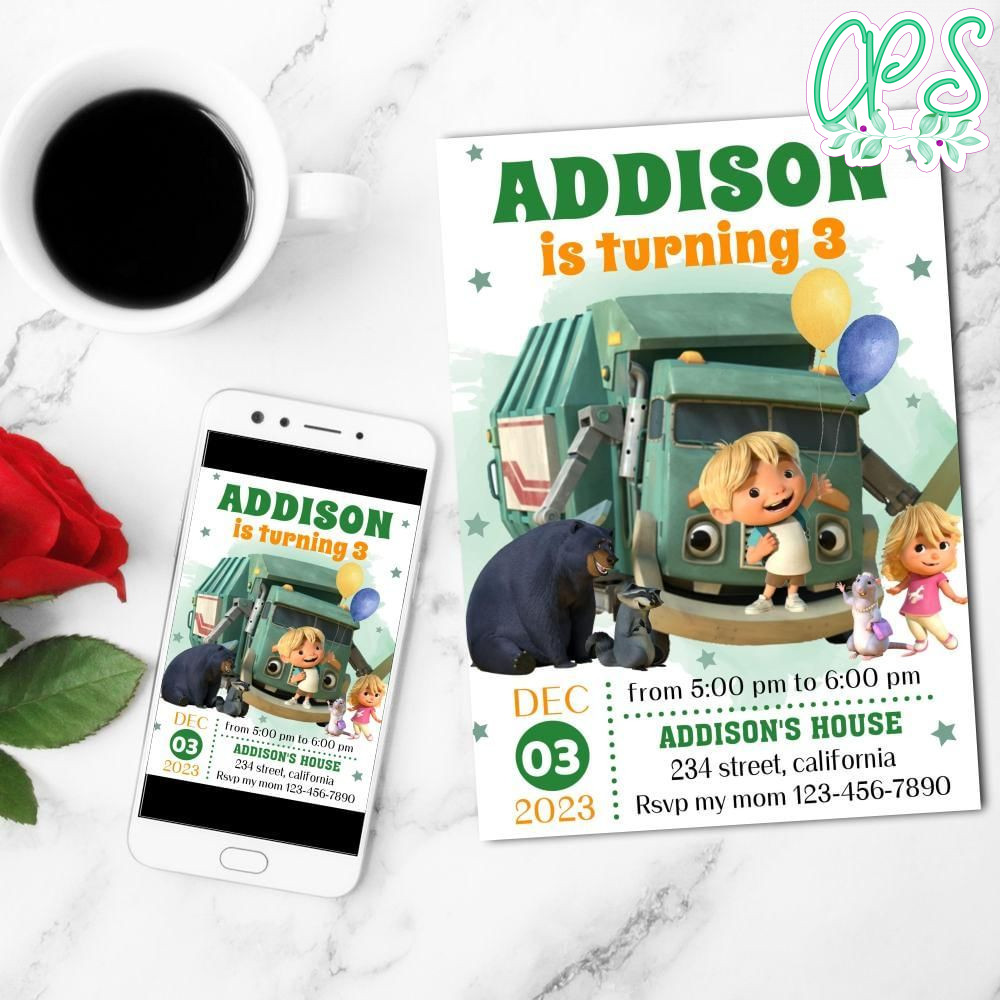 Trash Truck Mobile Invite Customizable Template Instant Download