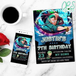 Zoro One Piece Anime Birthday Mobile Invite Customizable Template Instant Download