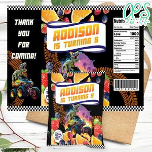 T Rex Dinosaur Monster Truck Birthday Party Fruit Snack Bag Digital File Printable Instant Download