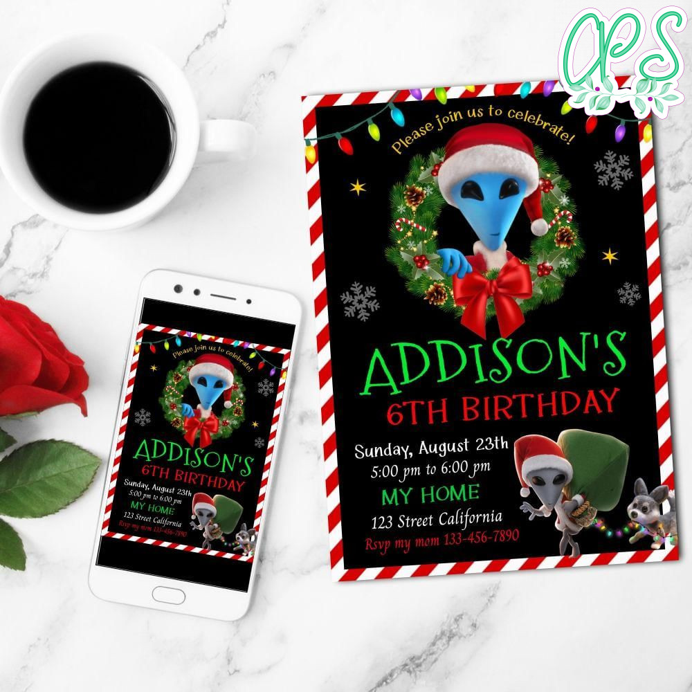 Alien Xmas Mobile Invite Customizable Template Instant Download