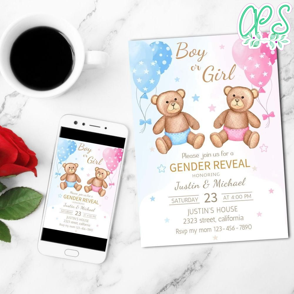 Teaddy Bear Gender Reveal Mobile Invite Customizable Template Instant Download