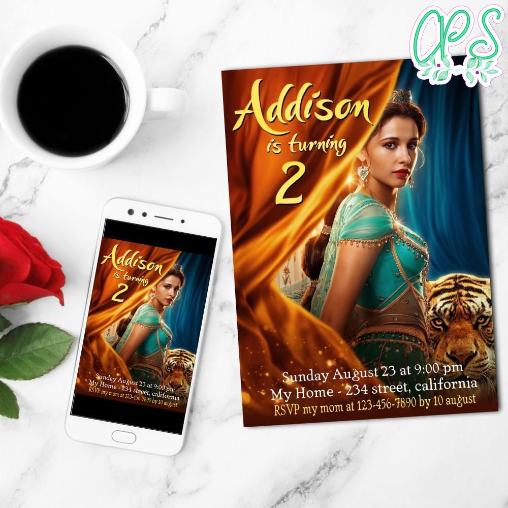 Aladdin Jasmine Birthday Mobile Invite Customizable Template Instant Download
