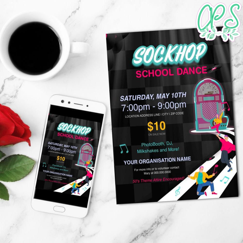 Sock Hop School Dance Flyer Customizable Template DIY CustomPartyShirts