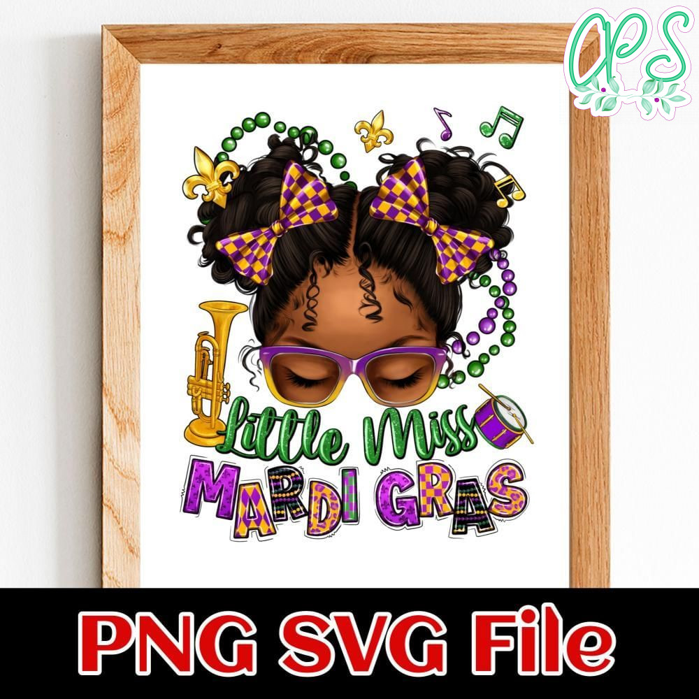 Little miss Mardi Gras afro messy bun kid Customer Request PNG file template